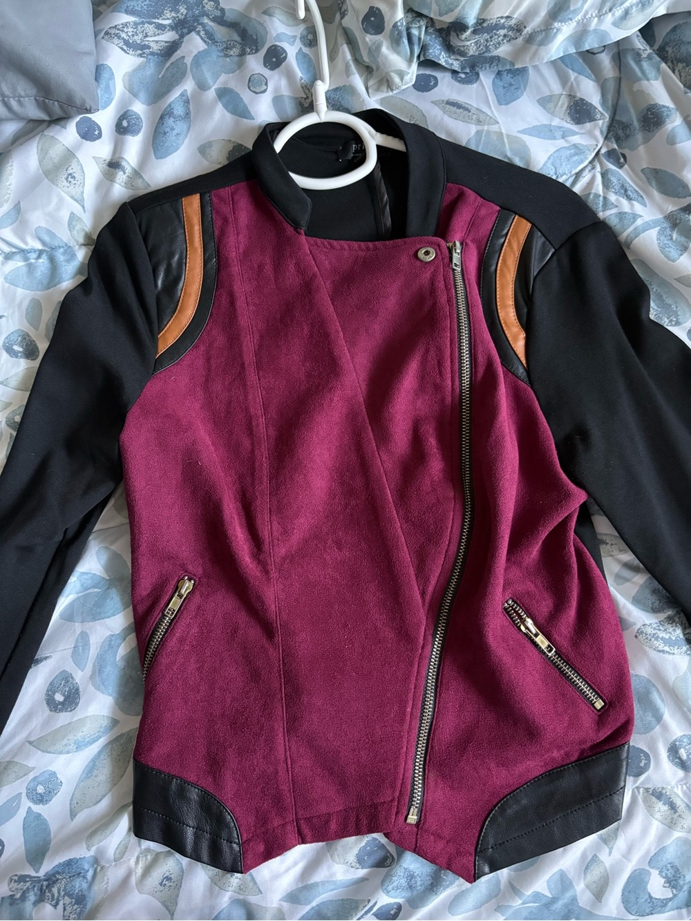 privy Burgundy and Black Asymmetric Bomber Jacket with Tan Accents